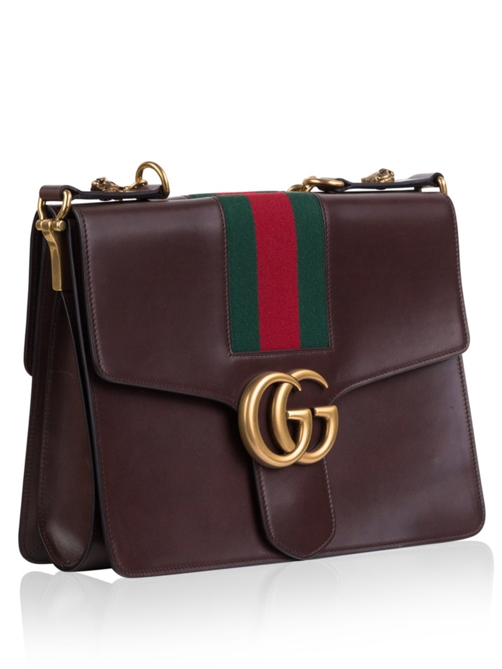 Gucci GG Marmont Web Shoulder Bag Brown Leather Gold Chain Crossbody Designer